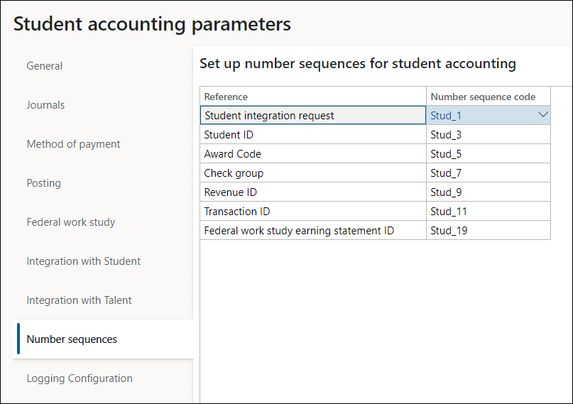 Number sequences for the Student accounting module